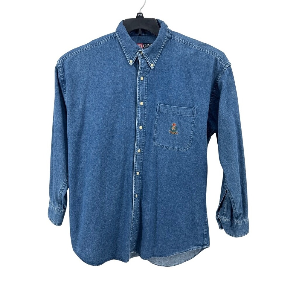 Vintage Chaps Ralph Lauren Denim Shirt Mens Large Blue Crest Logo Long Sleeve